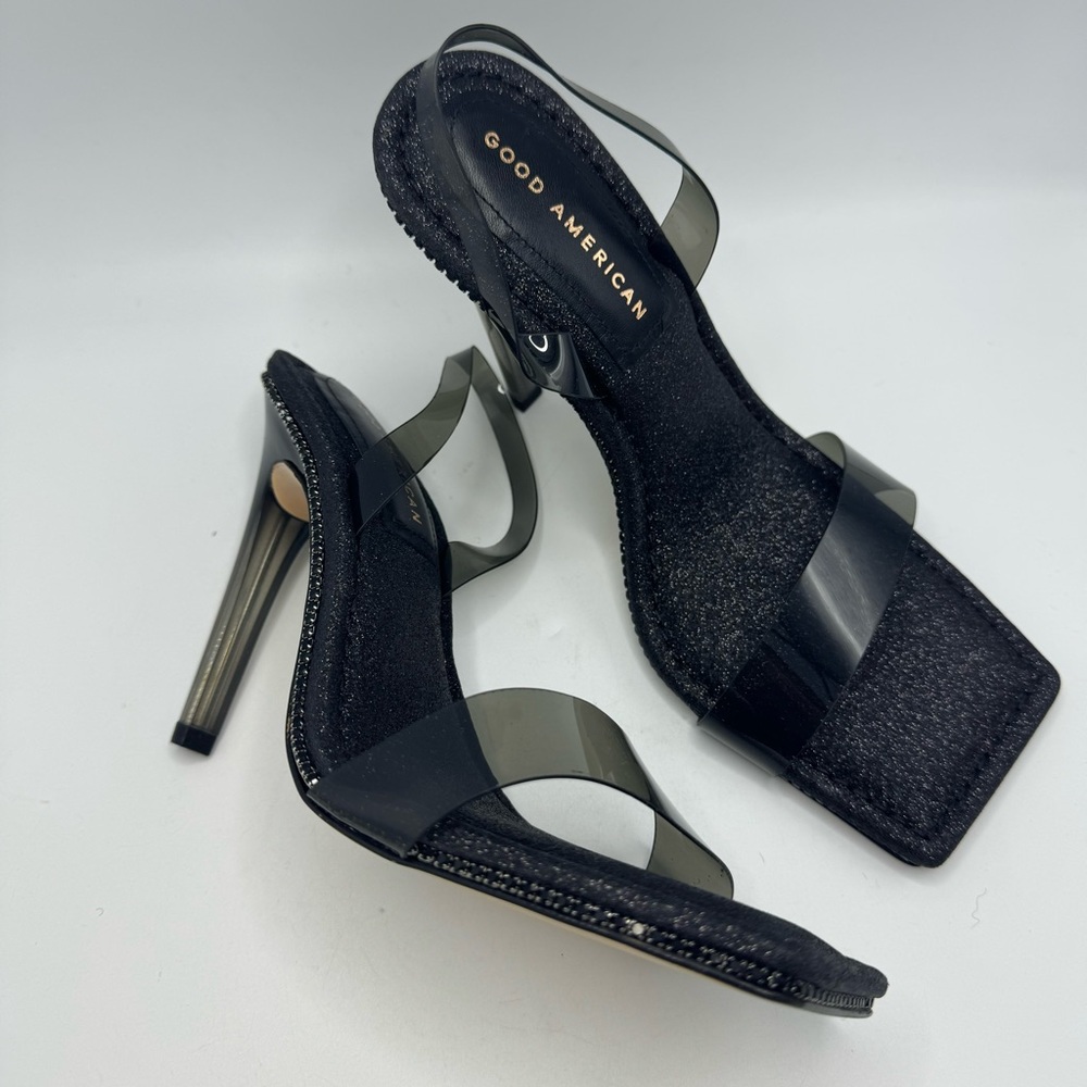 GOOD AMERICAN Black Crystal Crush Lucite Sandal Size 8.5 Black Glitter New - Picture 4 of 11